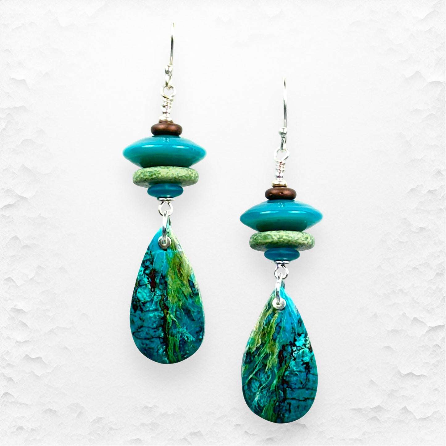 Handcrafted Glass Bead, Chrysocolla Gemstone and Sterling Silver Earrings