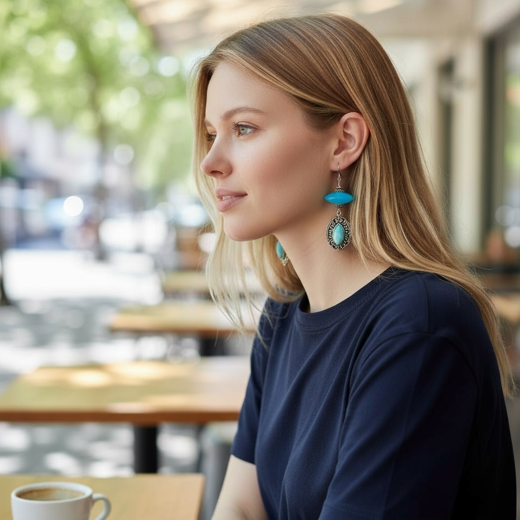 Handcrafted Glass Bead, Larimar Gemstone and Sterling Silver Earrings