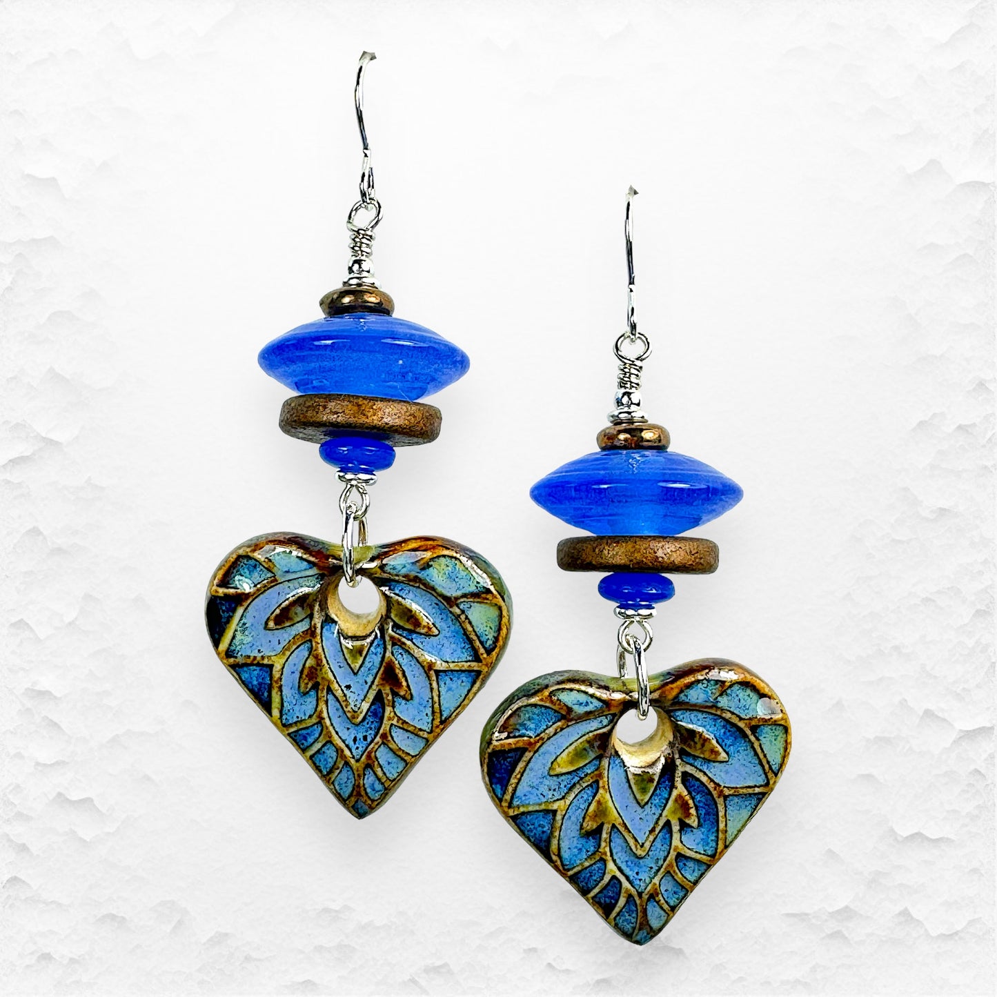 Handcrafted Glass Bead Earrings with Artisan Ceramics Hearts from Spain