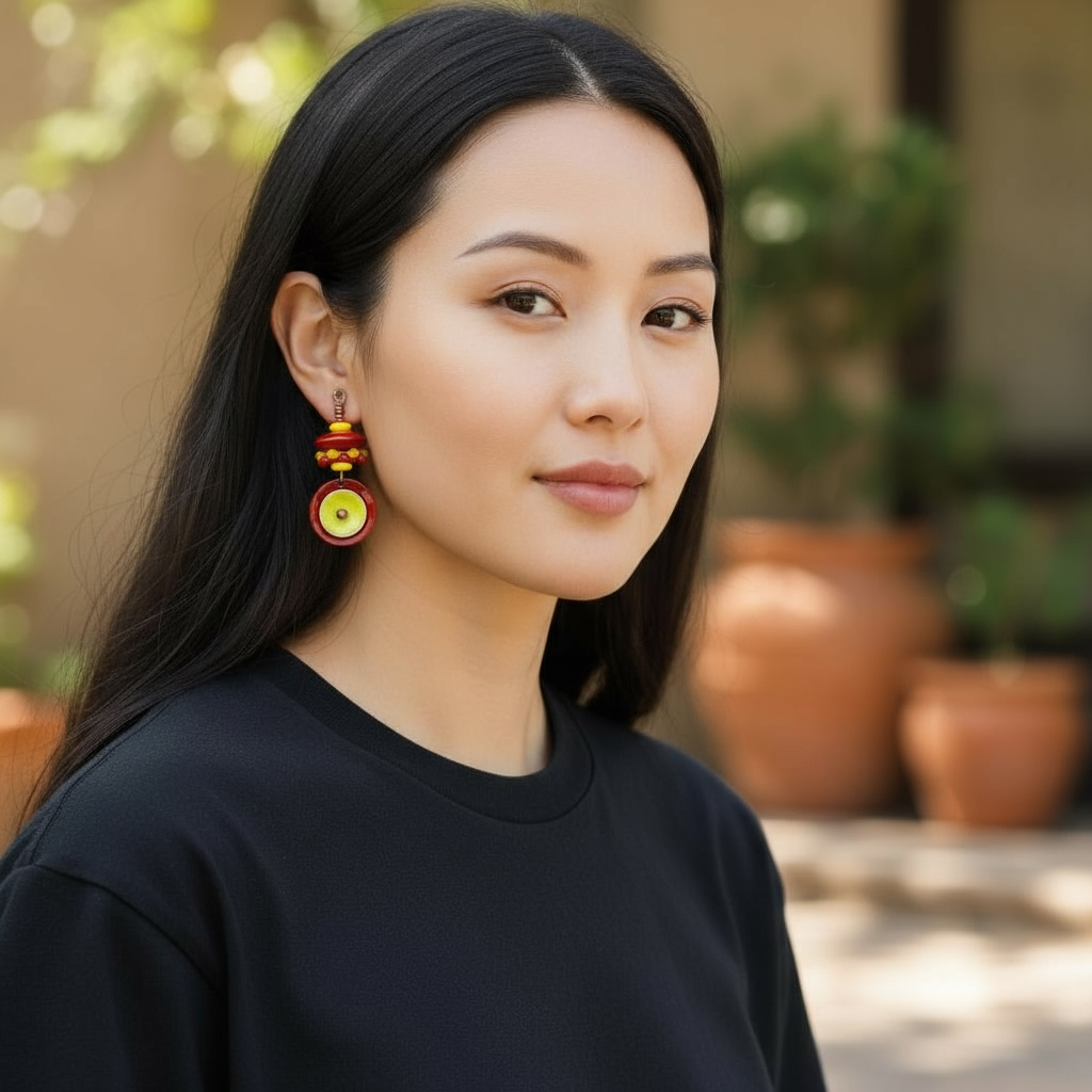 Playful Handcrafted Glass Bead and Enameled Copper Red and Yellow Earrings