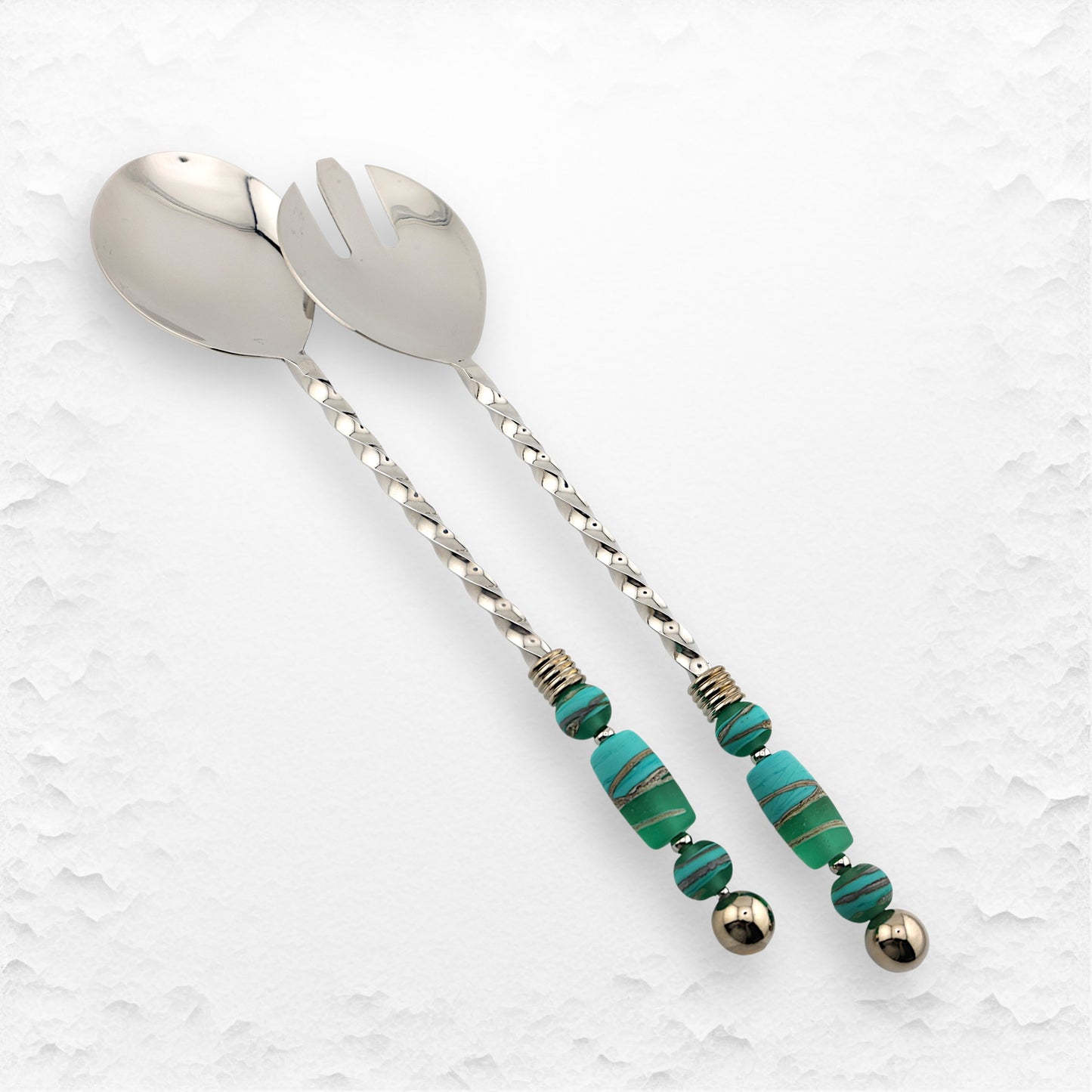 Handcrafted Glass Bead Salad Servers With TWISTED Handles