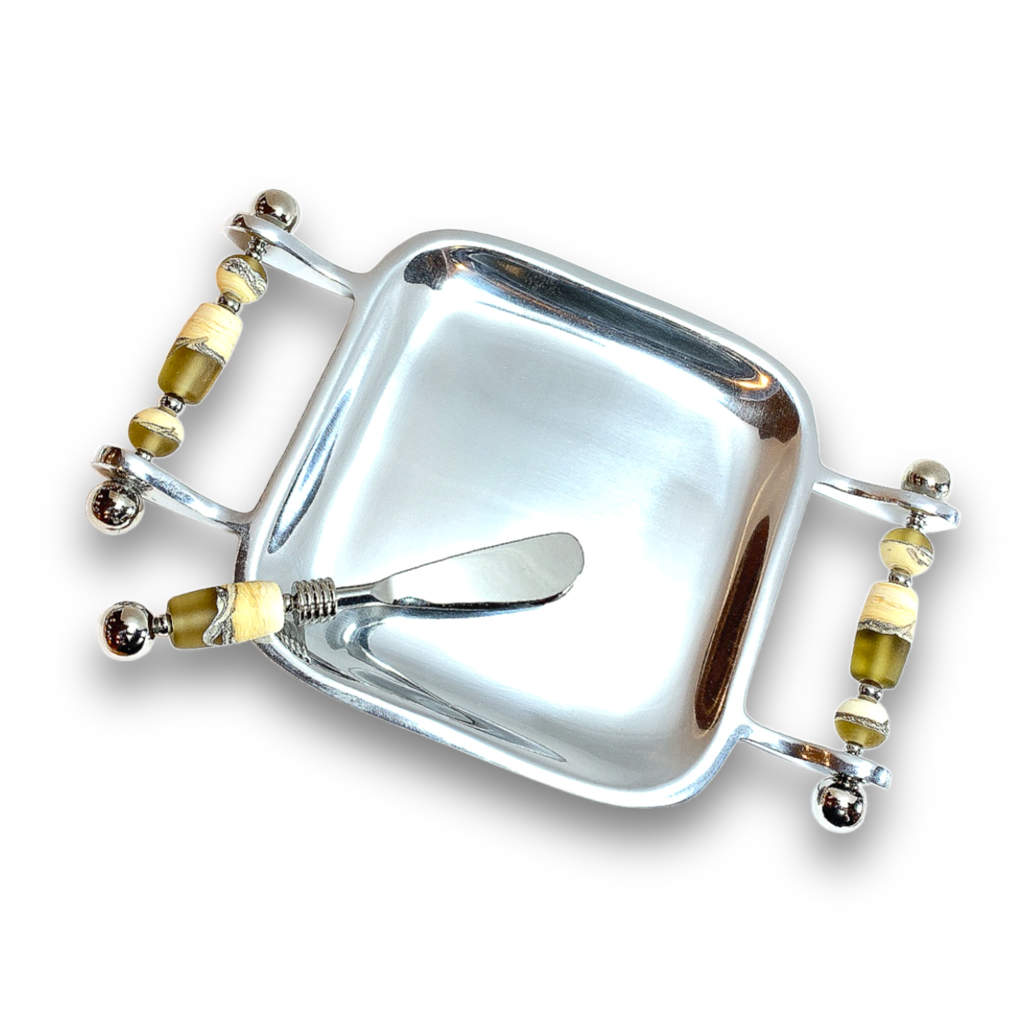 Handmade Glass Bead Square Serving Tray and Appetizer Knife