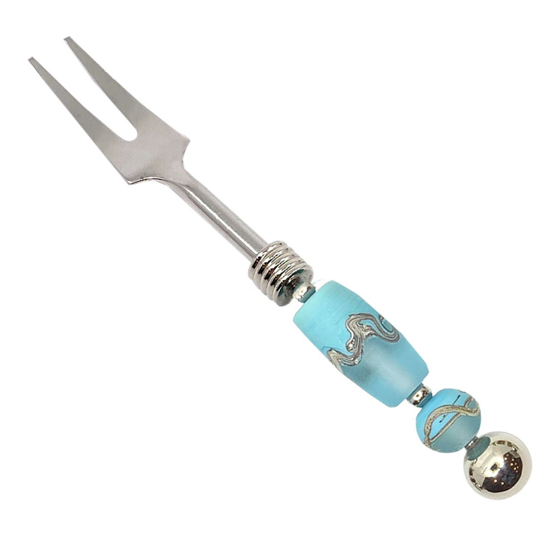 "Image of a handcrafted glass bead appetizer fork, showcasing exquisite artisanal craftsmanship and elegant design."