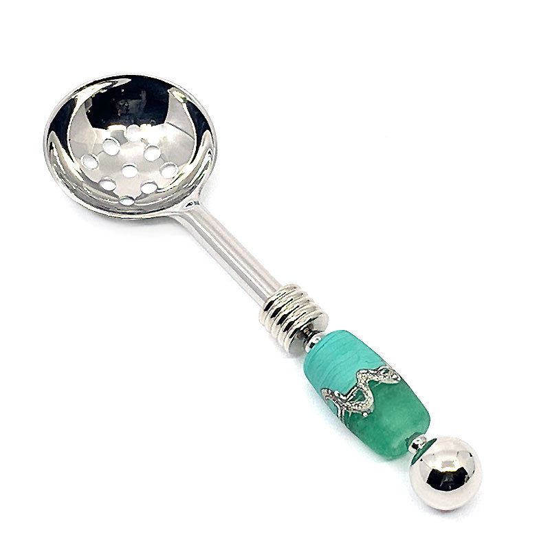 Stainless steel and handcrafted glass bead round scoop spoon with holes