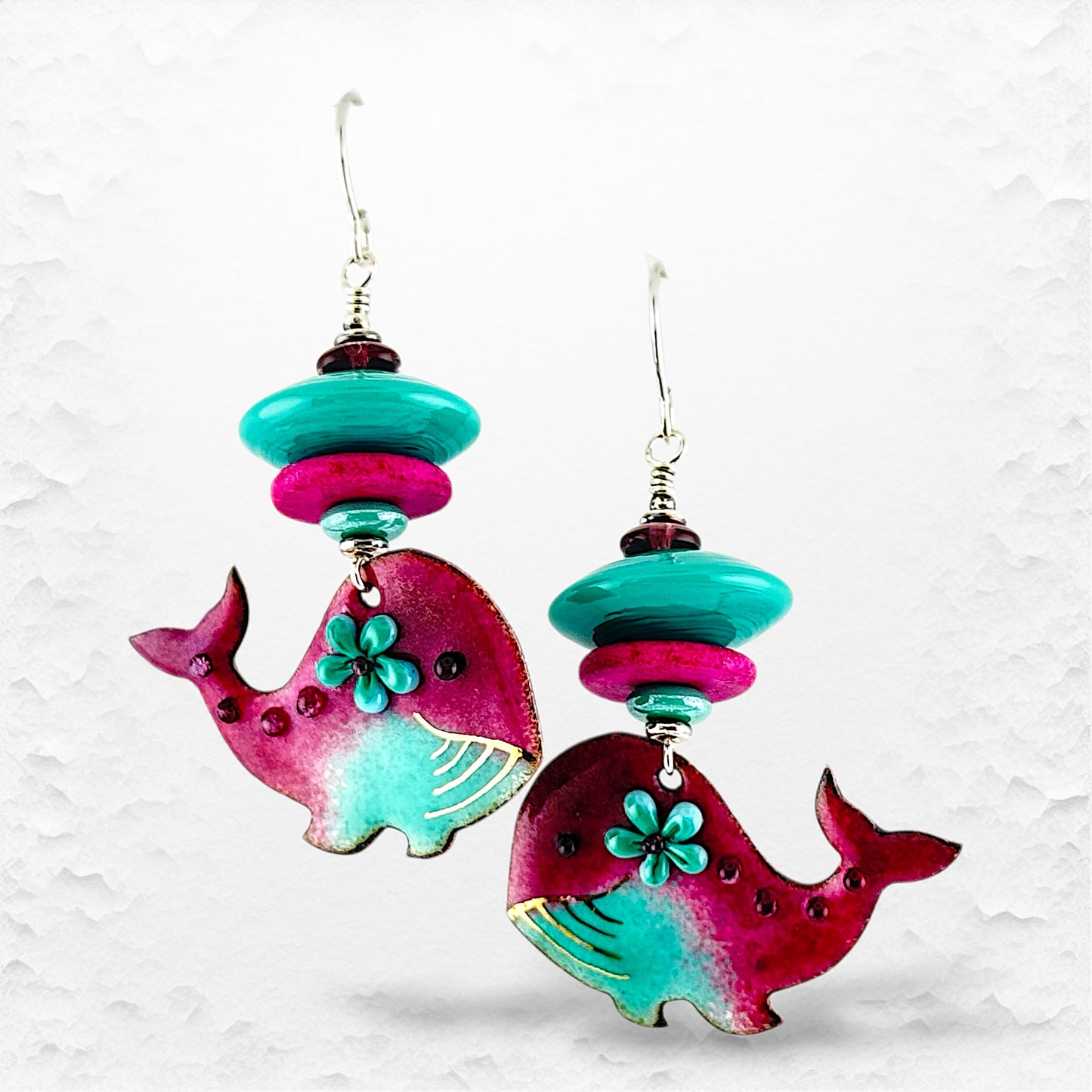 Playful Handcrafted Glass Bead and Enameled Copper Fuchsia Whale Earrings