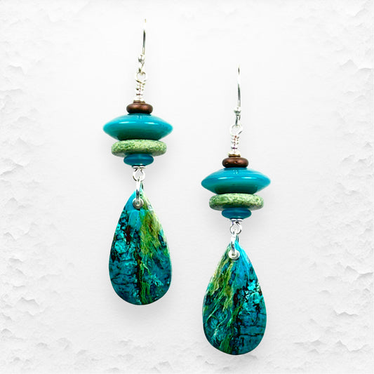 Handcrafted Glass Bead, Chrysocolla Gemstone and Sterling Silver Earrings