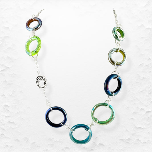 Stunning Hand Torched Silver Metallic Glass Circles Necklace