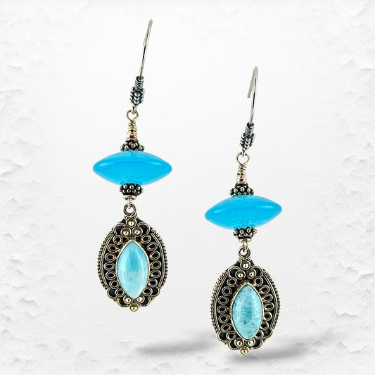 Handcrafted Glass Bead, Larimar Gemstone and Sterling Silver Earrings
