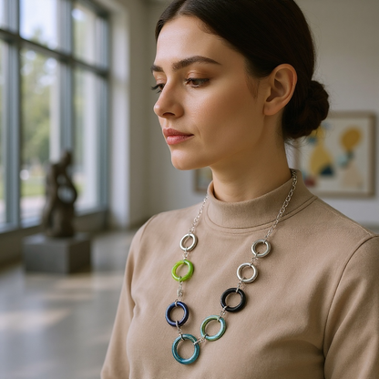 Stunning Hand Torched Silver Metallic Glass Circles Necklace