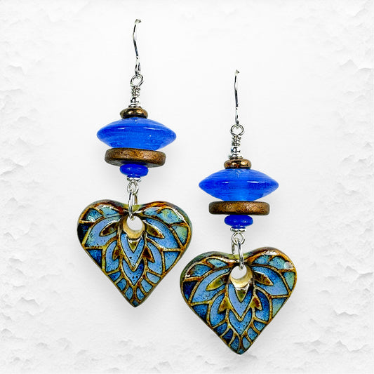 Handcrafted Glass Bead Earrings with Artisan Ceramics Hearts from Spain