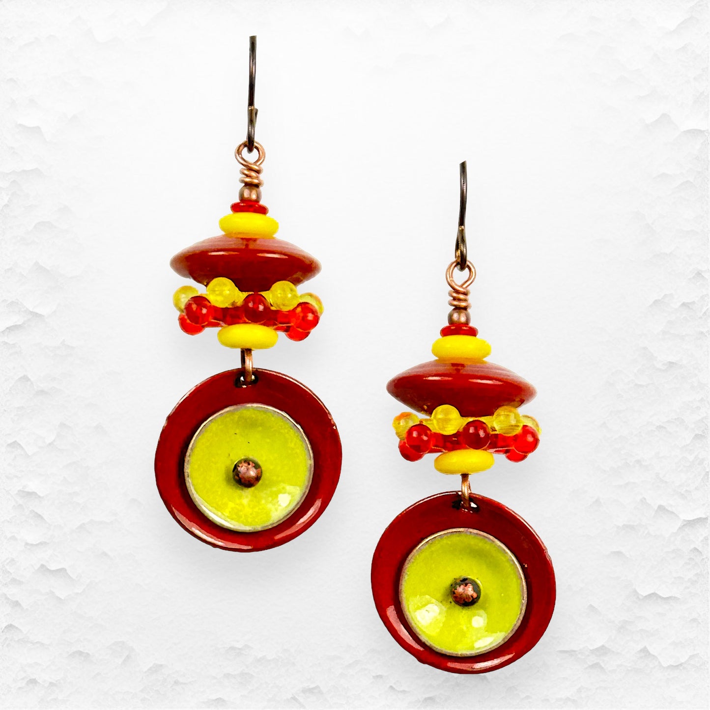 Playful Handcrafted Glass Bead and Enameled Copper Red and Yellow Earrings