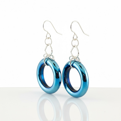Hand Torched Silver Metallic Circle Glass Bead Earrings