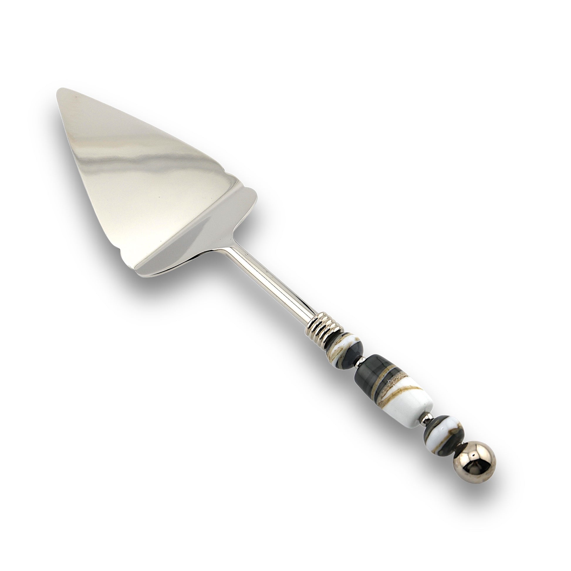 A stainless steel pie server with a handle featuring handcrafted glass beads in various colors.