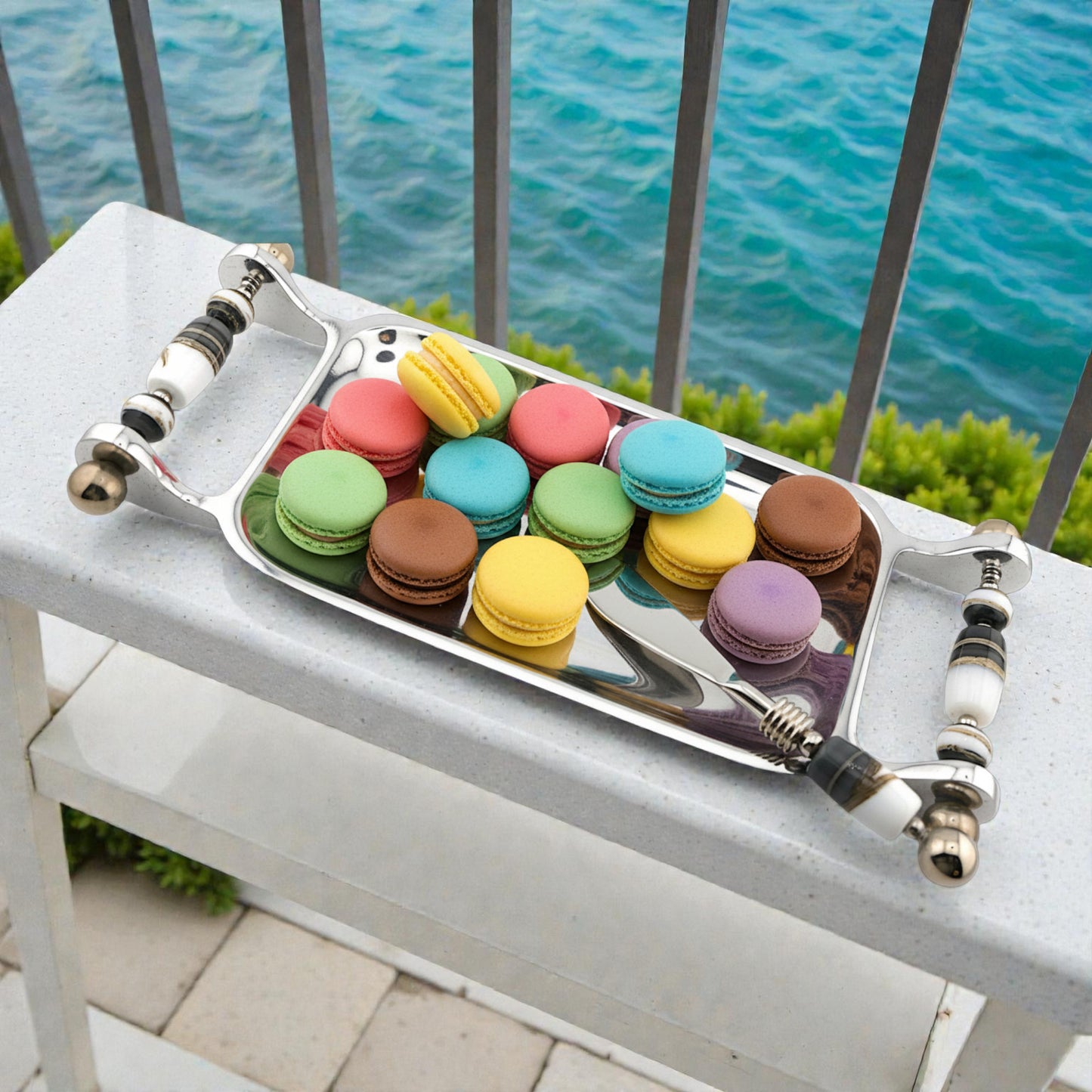 Handmade Glass Bead Serving Rectangle Tray and Appetizer Knife