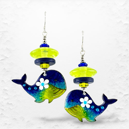 Playful Handcrafted Glass Bead and Enameled Copper Blue Whale Earrings
