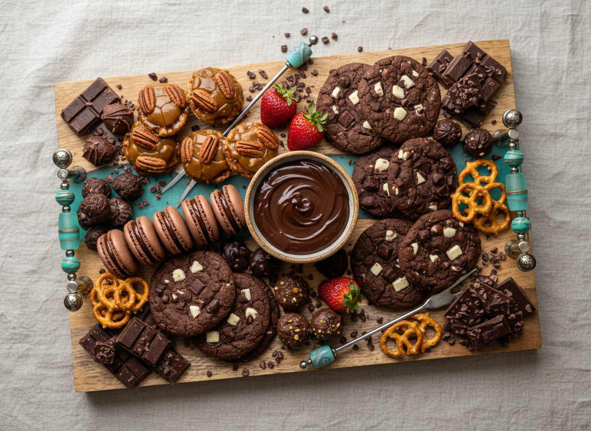 Assorted cookies and chocolate spread on charcuterie board with decorative elements.