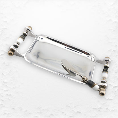 Handmade Glass Bead Serving Rectangle Tray paired with an Appetizer Knife in brown and white