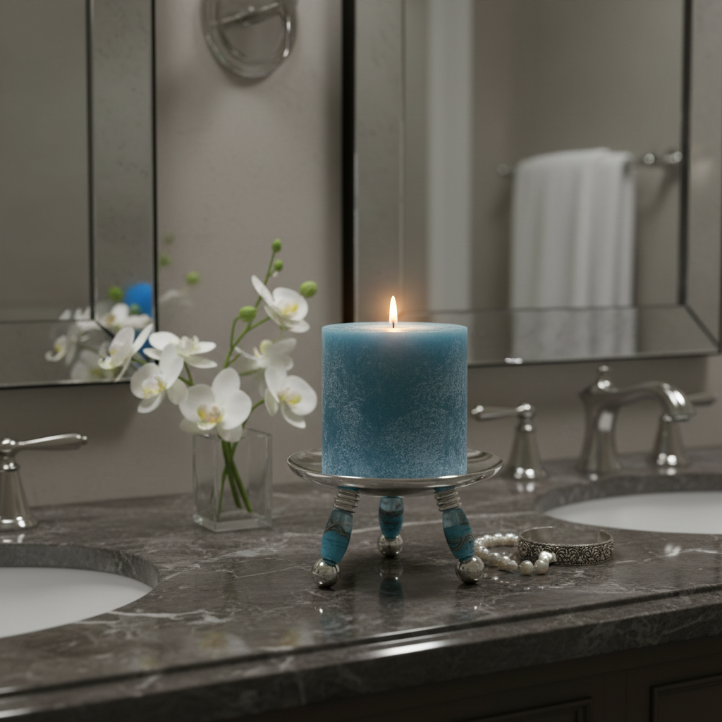 Turquoise candle on a beaded stand with white flowers in a vase on a bathroom counter.