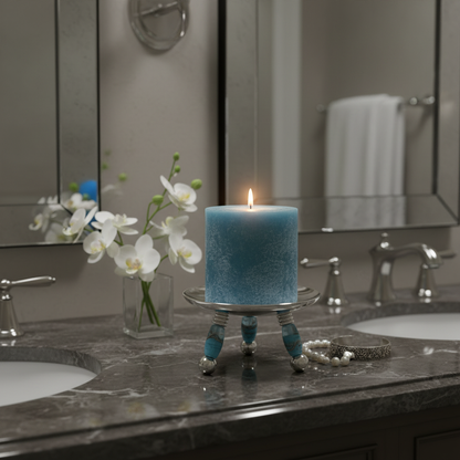 Turquoise candle on a beaded stand with white flowers in a vase on a bathroom counter.