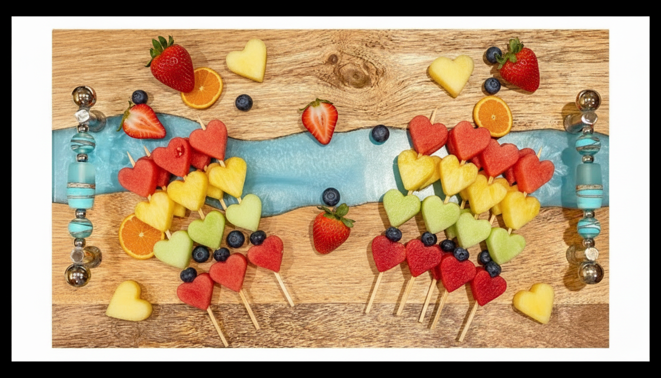 Fruit skewers shaped like a rainbow on our beaded charcuterie board filled with heart shaped melons for a romantic event.