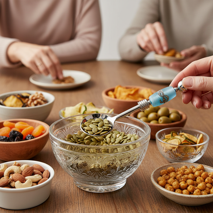 People enjoying a snack platter with various bowls of food, including seeds served with elegant beaded round spoon.