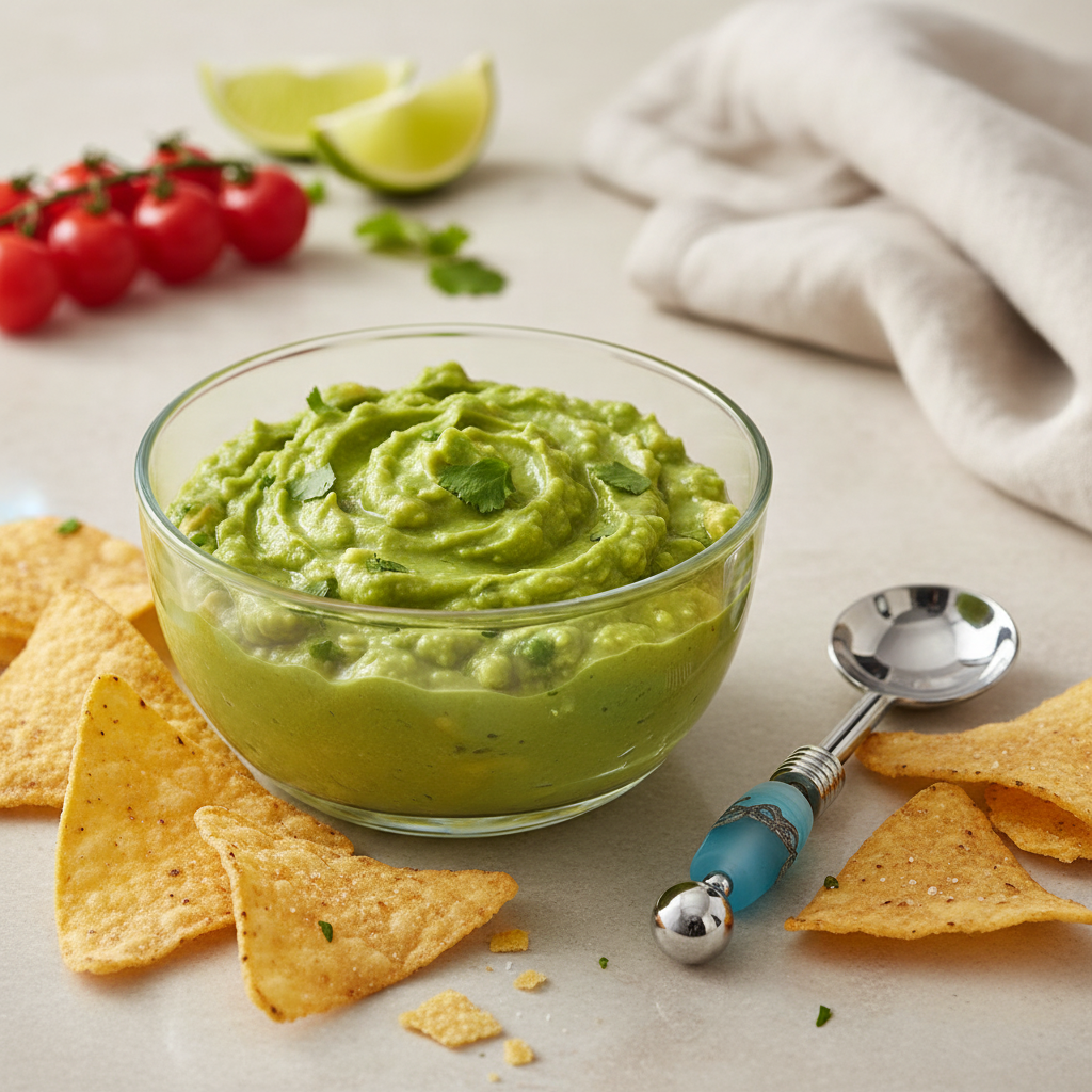 Glass bowl of guacamole with tortilla chips, limes, and cherry tomatoes on a light surface.