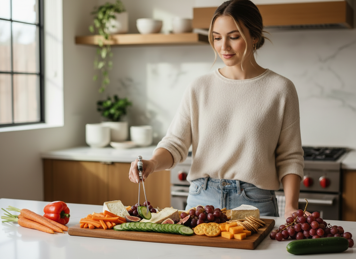 Woman preparing a snack platter with fruits, vegetables, and cheese in a kitchen.