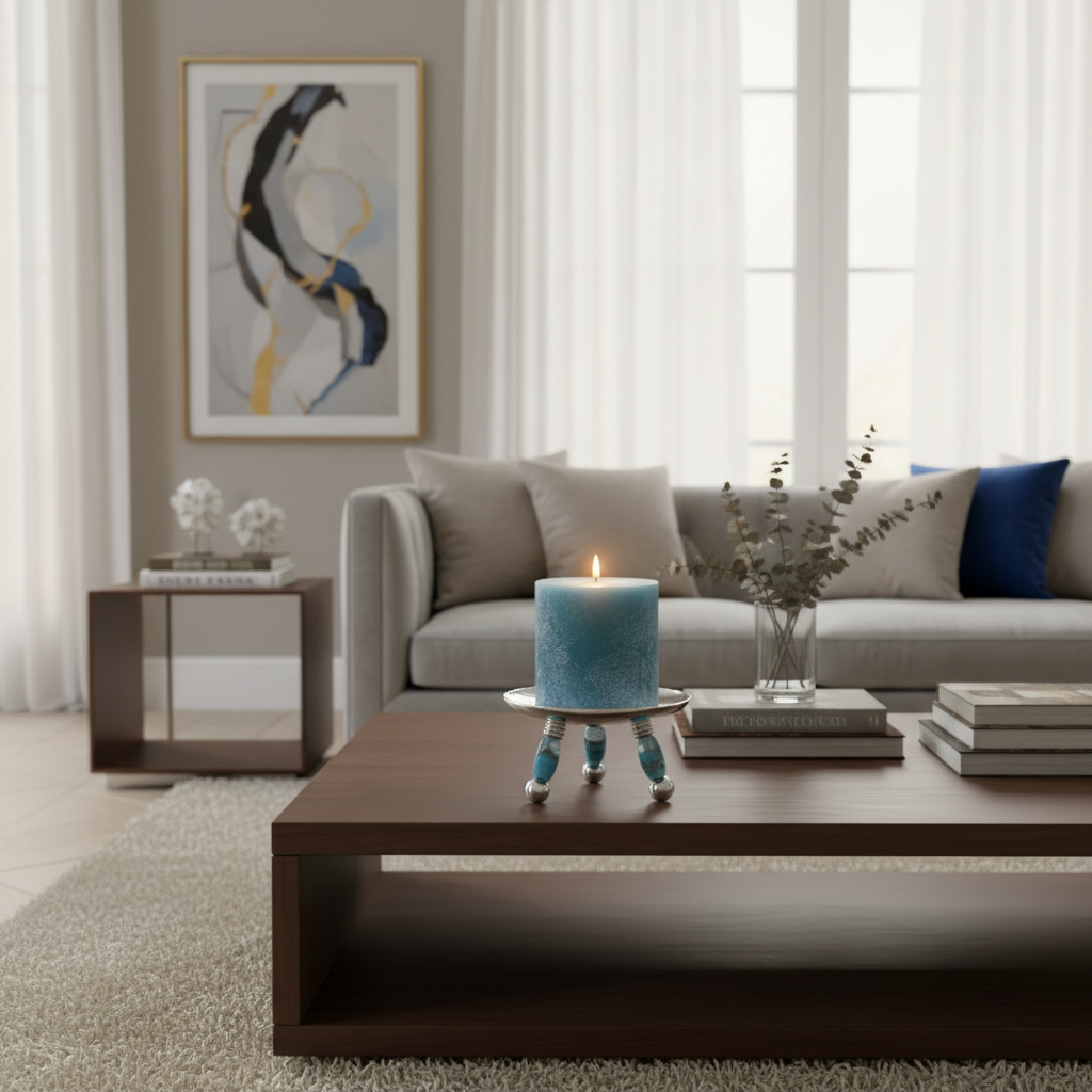 Modern living room with a gray sofa, wooden coffee table, and decorative items, including Handcrafted Glass Beaded Candle Holder in Turquoise. 