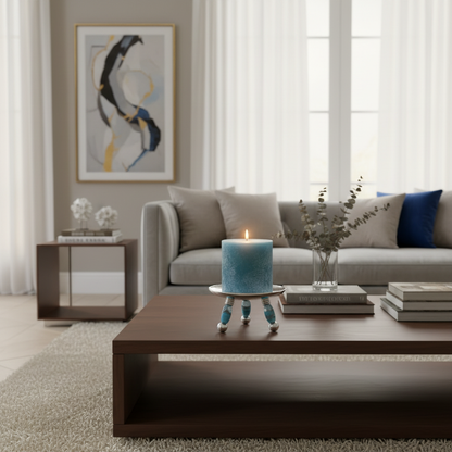 Modern living room with a gray sofa, wooden coffee table, and decorative items, including Handcrafted Glass Beaded Candle Holder in Turquoise. 