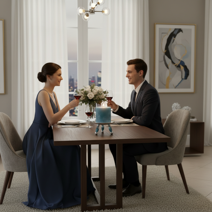Man and woman sitting at a dinner table in a modern dining room, holding hands and smiling.