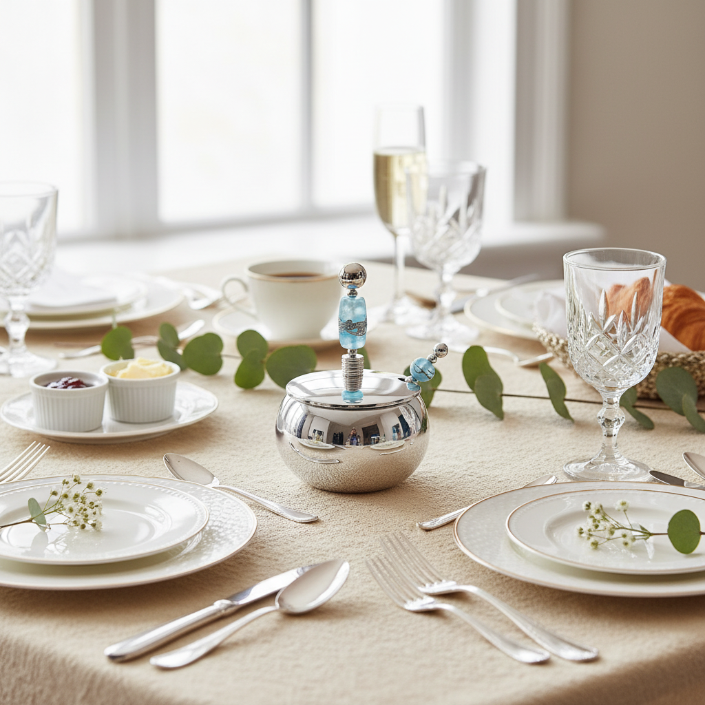 Elegant table setting with silver teapot, glasses, and plates featuring our Handcrafted Glass Beaded Sugar Bowl With Spoon. 