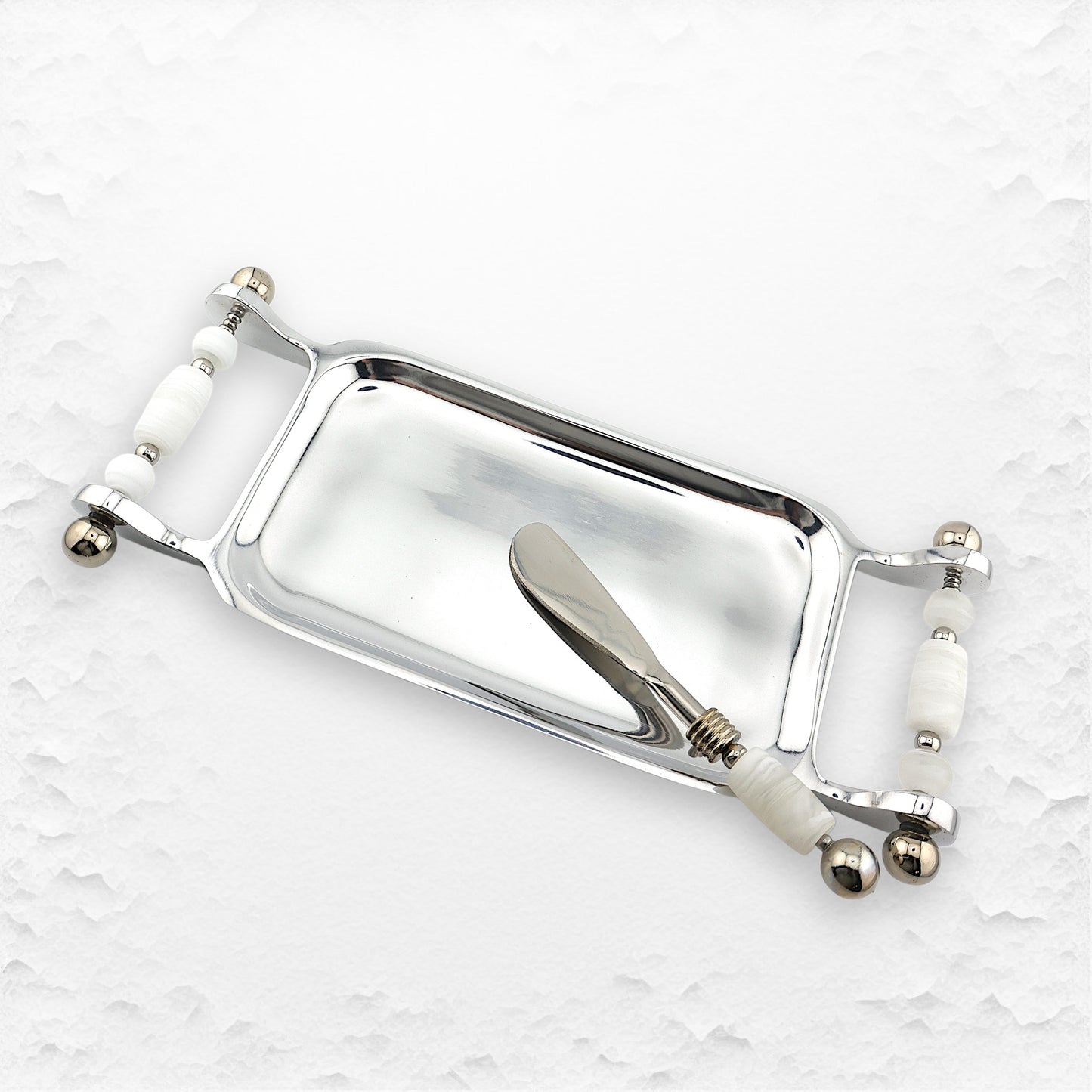 Handmade Glass Bead Serving Rectangle Tray and Appetizer Knife