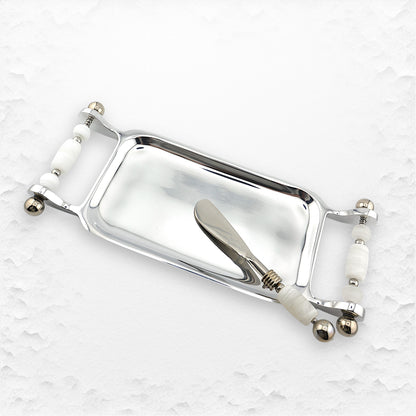 Handmade Glass Bead Serving Rectangle Tray and Appetizer Knife