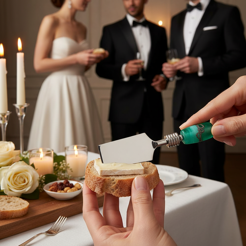 Person spreading butter on a slice of bread with a wedding couple in the background