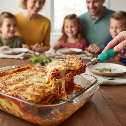 Family gathered around a table with a dish of lasagna, ready to eat.