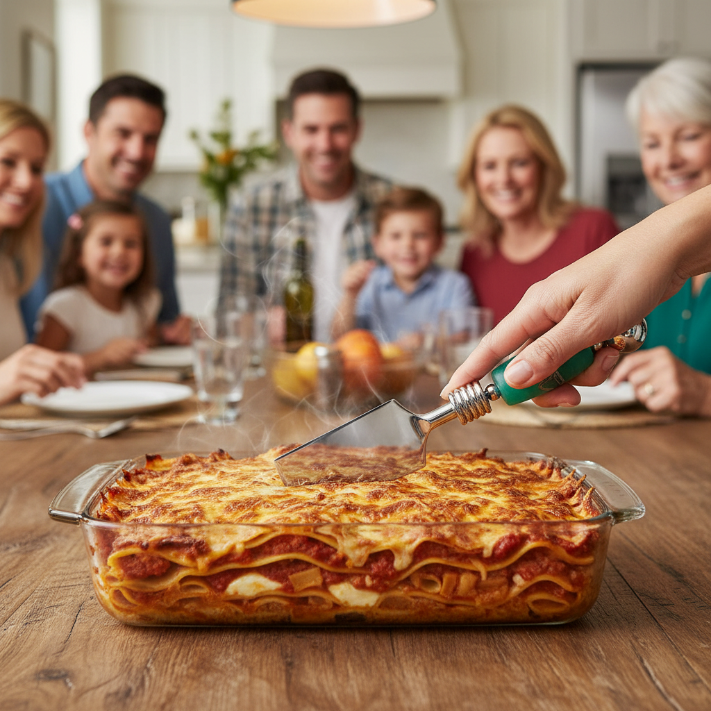 Family gathered around a table with a large dish of lasagna, ready to serve.