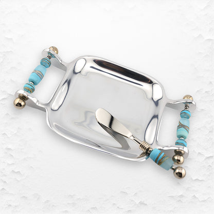 Handmade Glass Bead Square Serving Tray in Turquoise