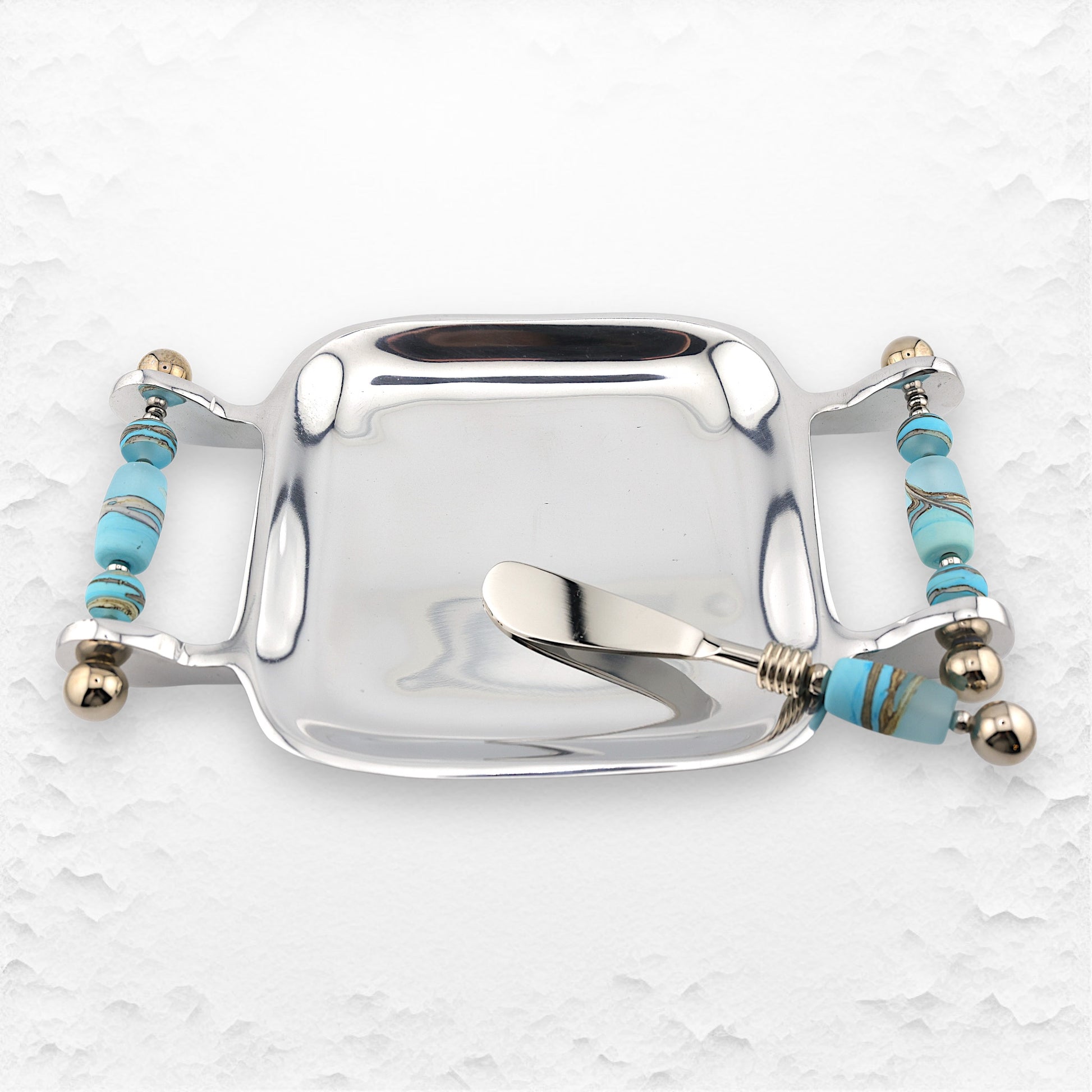 Handmade Glass Bead Square Serving Tray in Turquoise