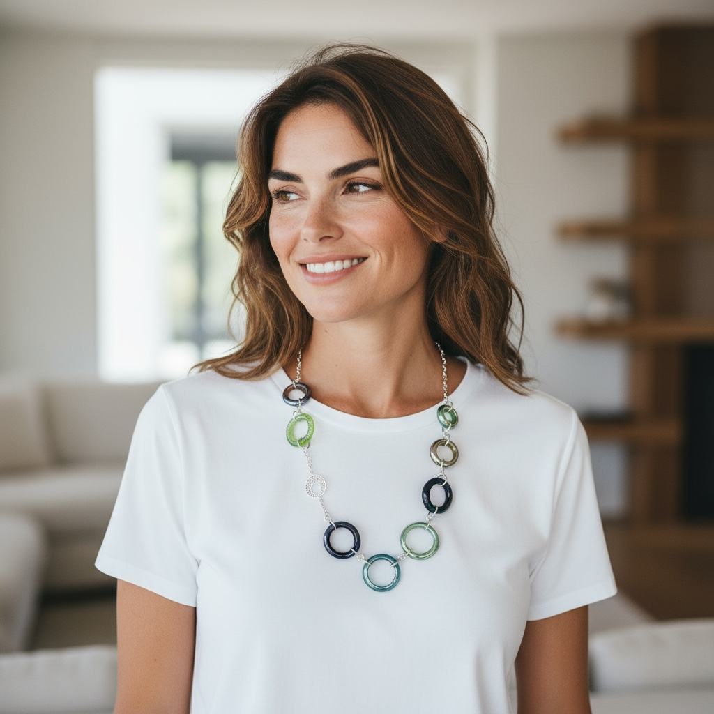 Stunning Hand Torched Silver Metallic Glass Circles Necklace