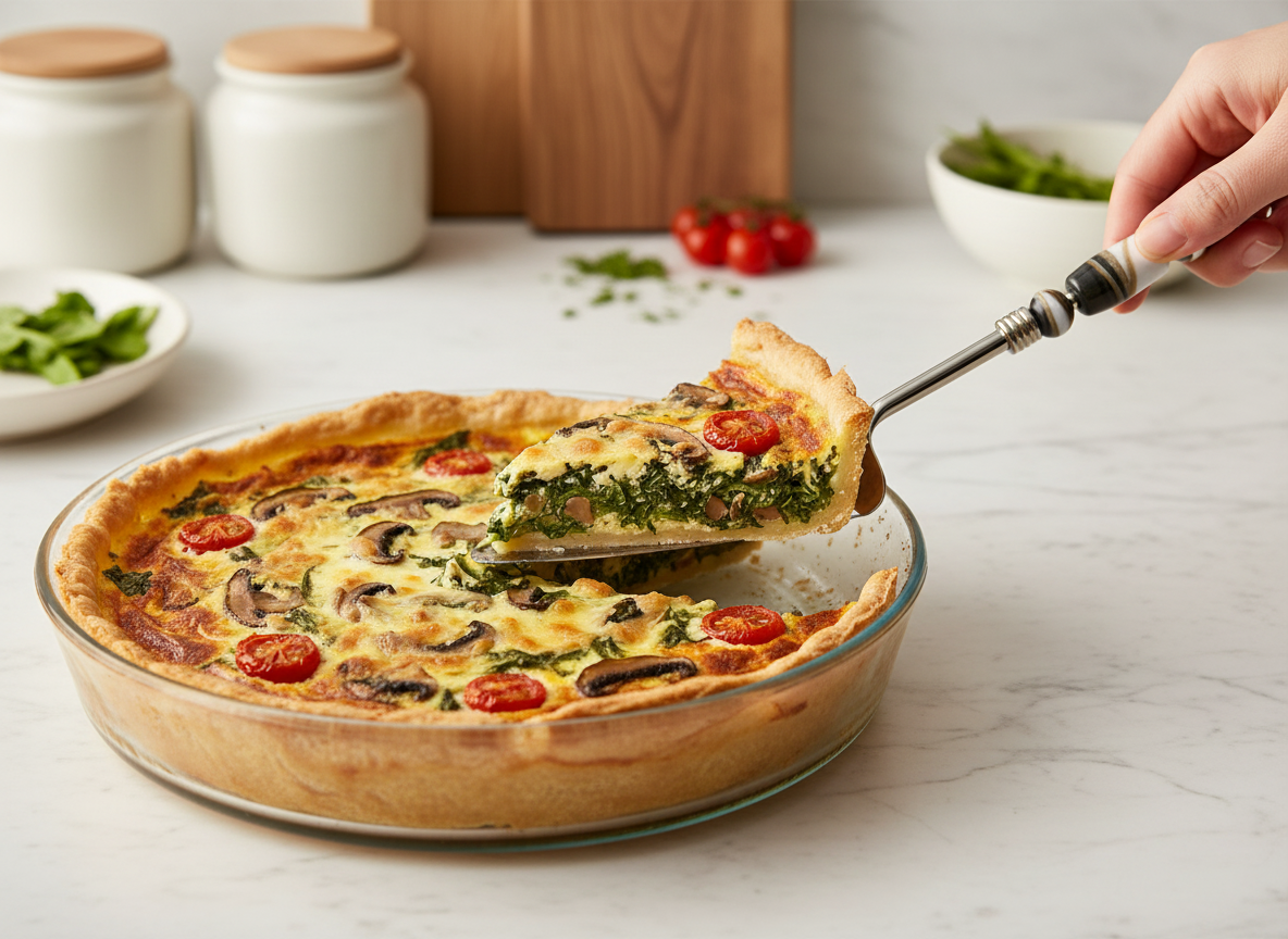 Quiche being sliced with a spatula on a marble countertop