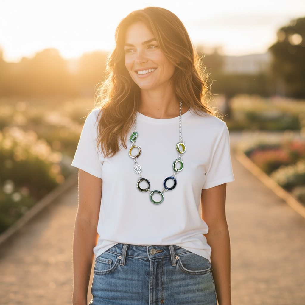 Woman wearing a white t-shirt and blue jeans with a colorful necklace, standing outdoors with a blurred background.