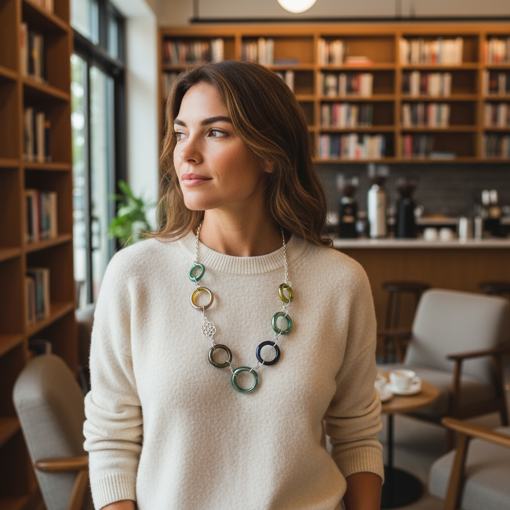 Woman wearing a stylish necklace in a cozy cafe setting