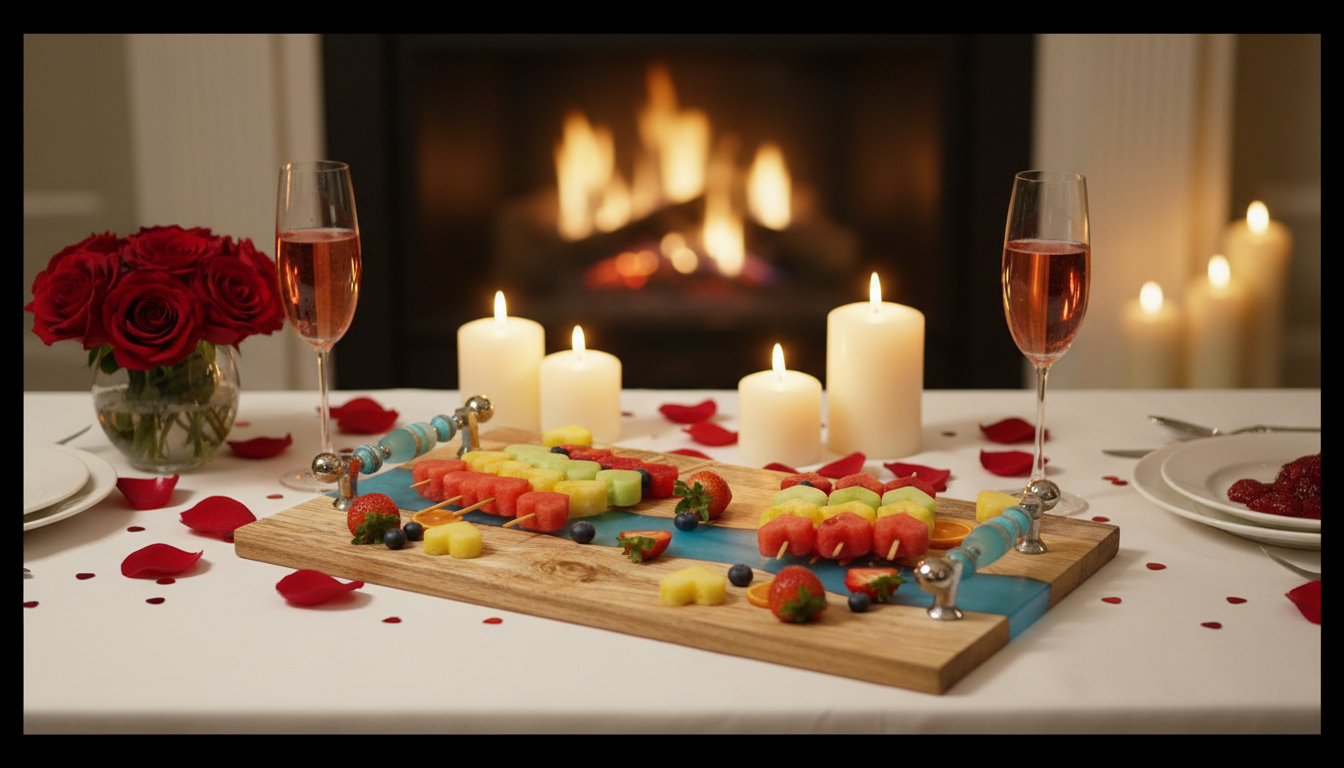 Romantic dinner setup with our beaded charcuterie board, flowers, and a fireplace in the background.