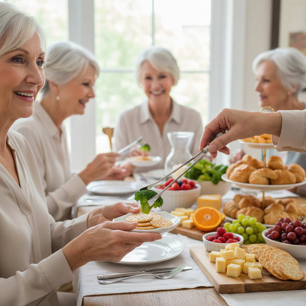 Group of women enjoying a meal together with various food items on a table.