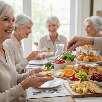 Group of women enjoying a meal together with various food items on a table.