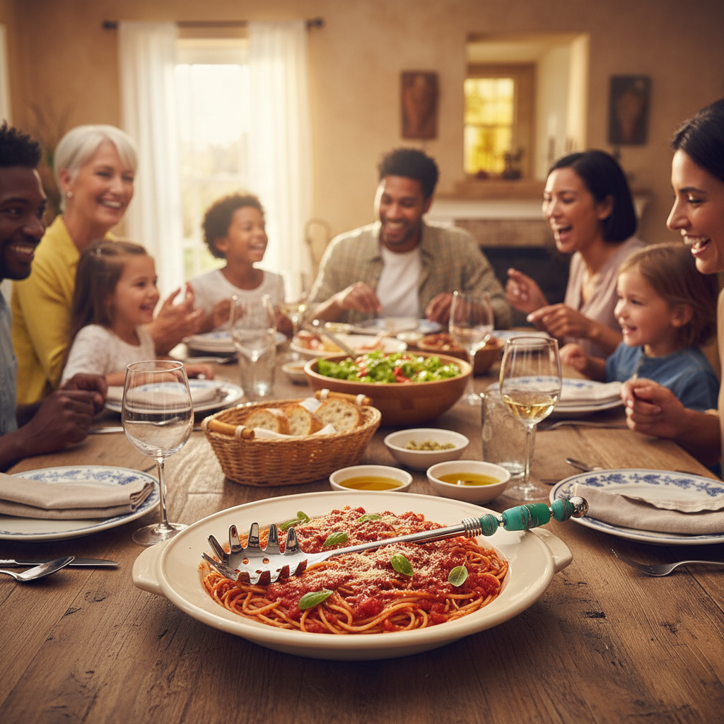 Family enjoying a meal together around a wooden dining table with plates of pasta and salad.