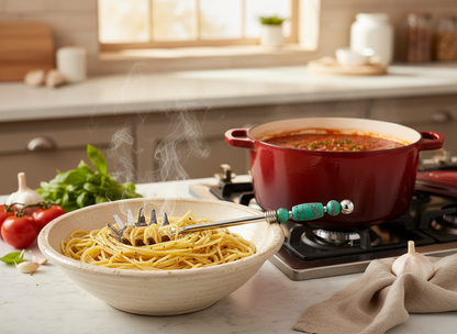 Red pot on a stove with steam, a bowl of pasta, and tomatoes in a kitchen.