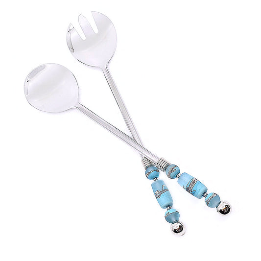 Handcrafted salad servers with smooth handles adorned with glass bead embellishments, offering functionality and elegance for dining experiences. Meticulously crafted for precision, these servers add visual appeal to any table setting, suitable for formal dinners or casual meals, serving salads with sophistication and refined taste.
