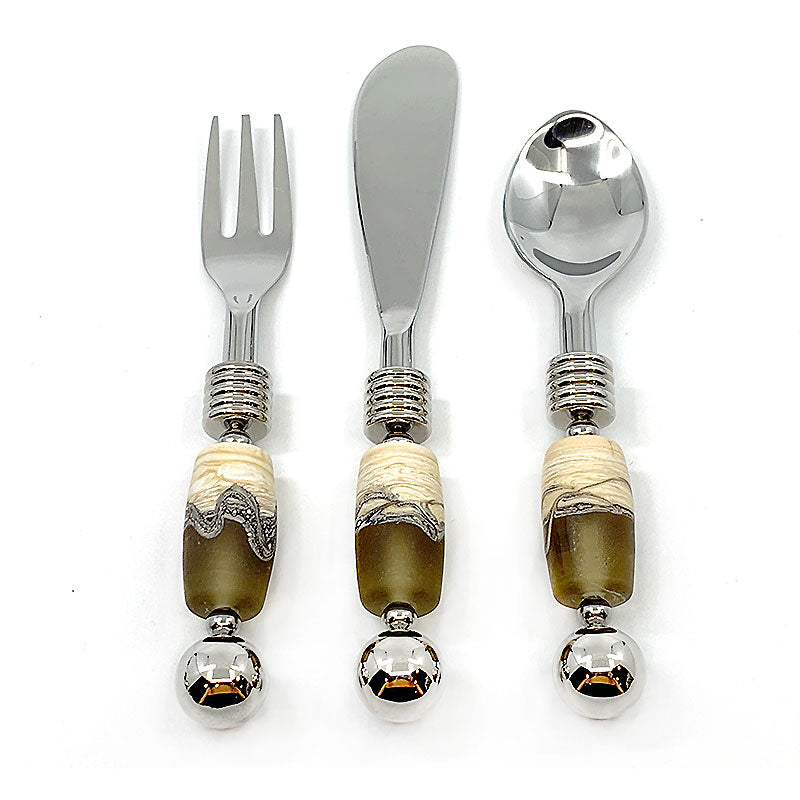 Stainless steel and handcrafted glass bead appetizer fork, spoon and knife set