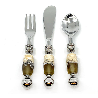 Stainless steel and handcrafted glass bead appetizer fork, spoon and knife set